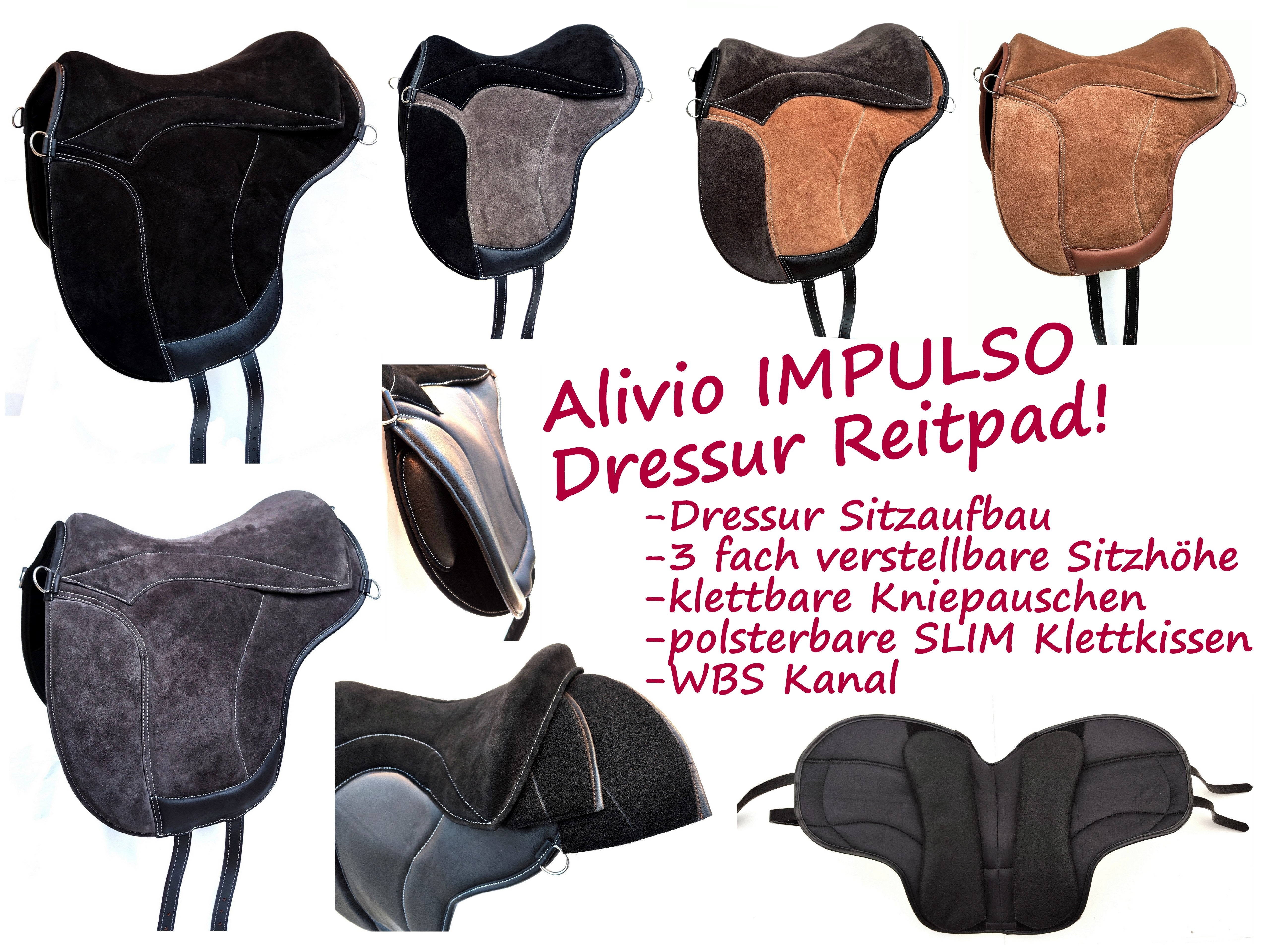 Einzelstück - "ALIVIO IMPULSO" WILDLEDER Dressur Reitpad - WBS Kanal - SLIM Filzkissen - Kniepauschen