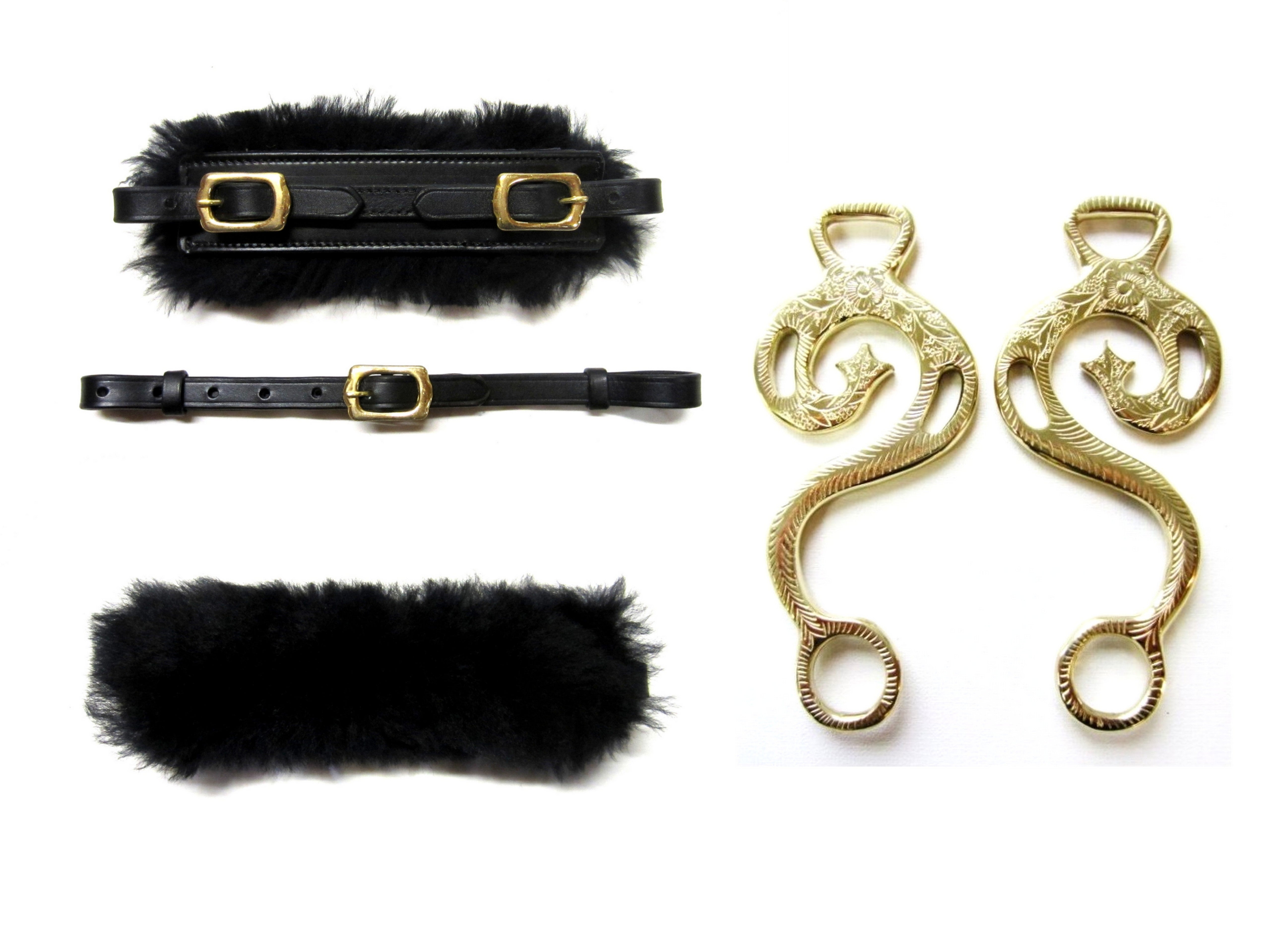 Parure Hackamore "Baroque" dorée - couleur laiton - , décorée, véritable peau de mouton