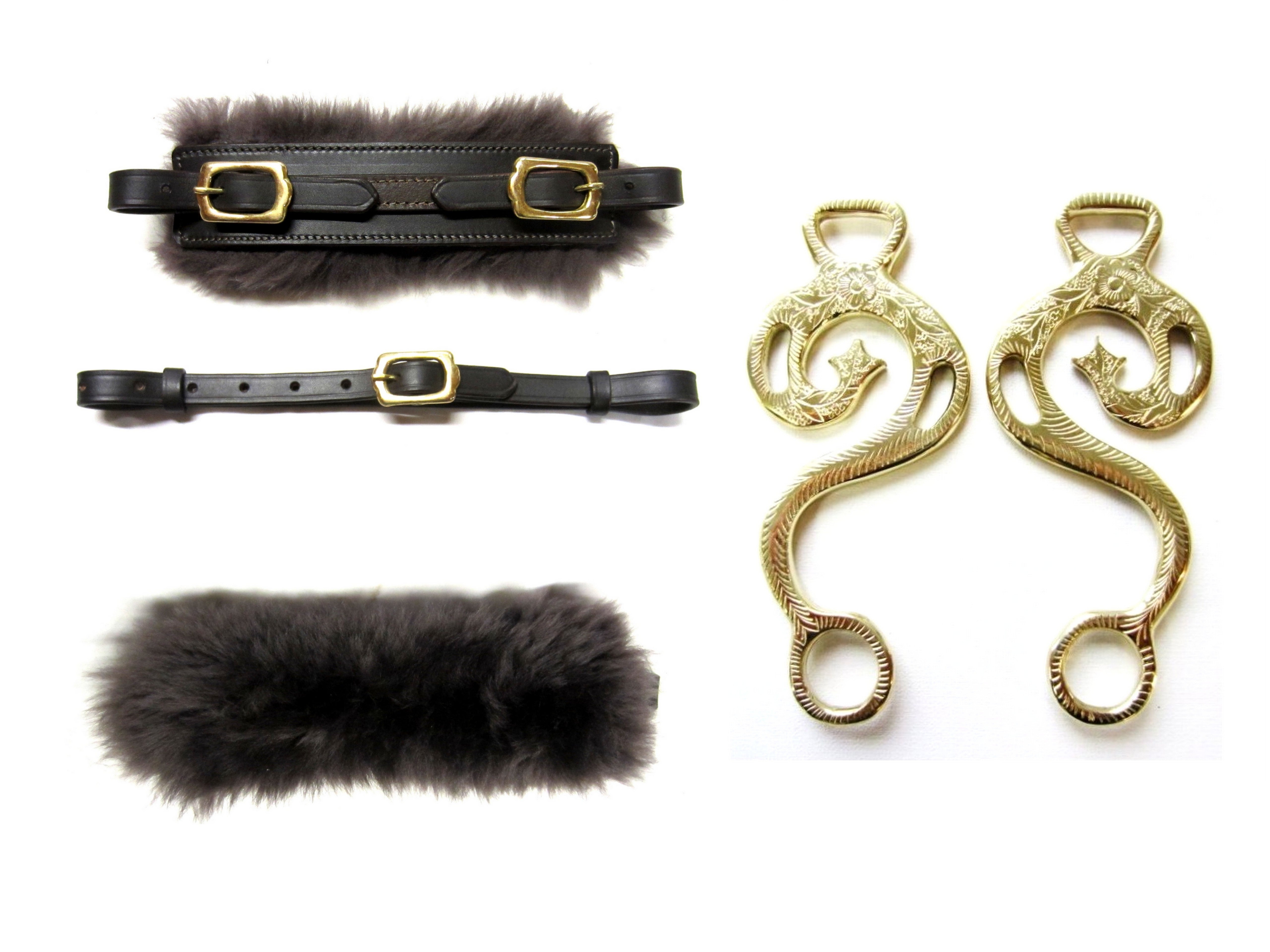 Parure Hackamore "Baroque" dorée - couleur laiton - , décorée, véritable peau de mouton