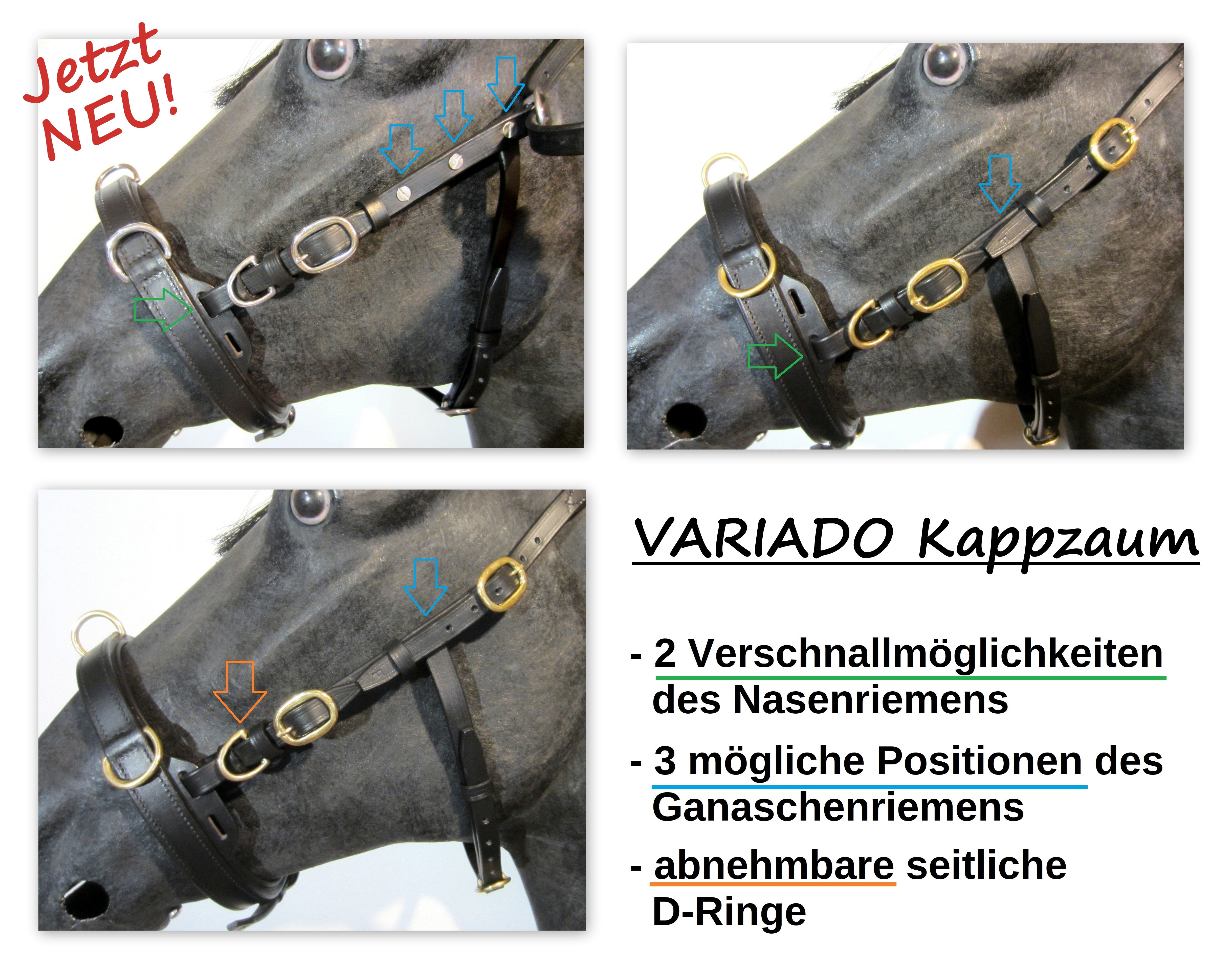 "VARIADO" 5-fach verstellbarer Leder Kappzaum - Anatomisch weich gepolstertert - Einzelstücke -