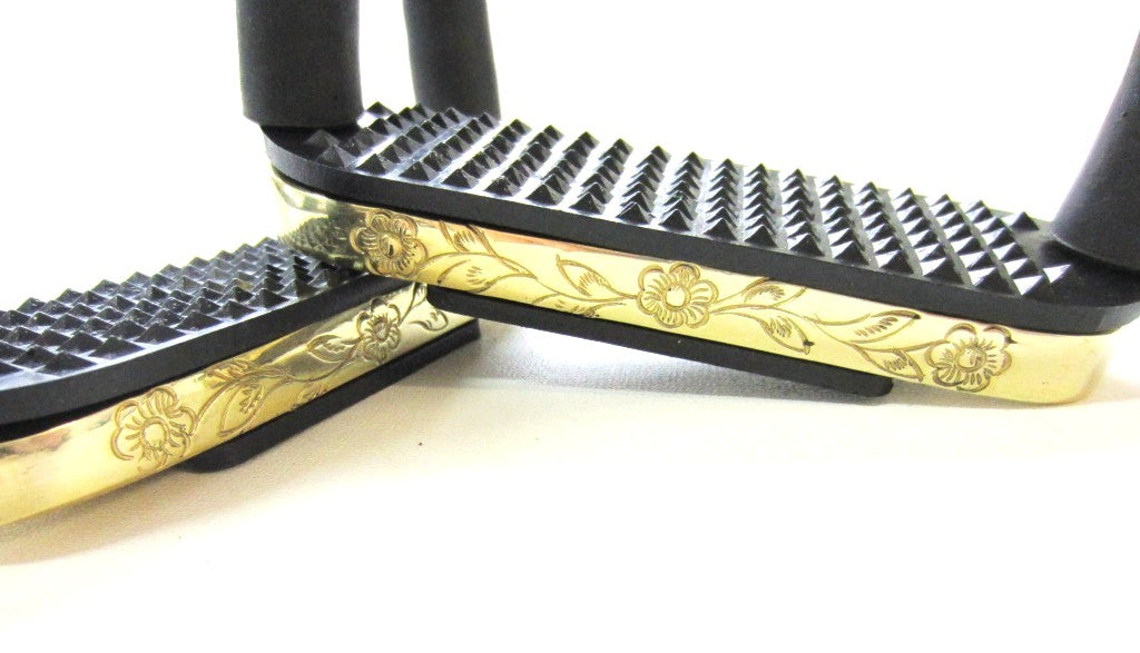 Elegant safety stirrups with joints, rotated 90°, in color GOLD - brass, decorated, 1 pair