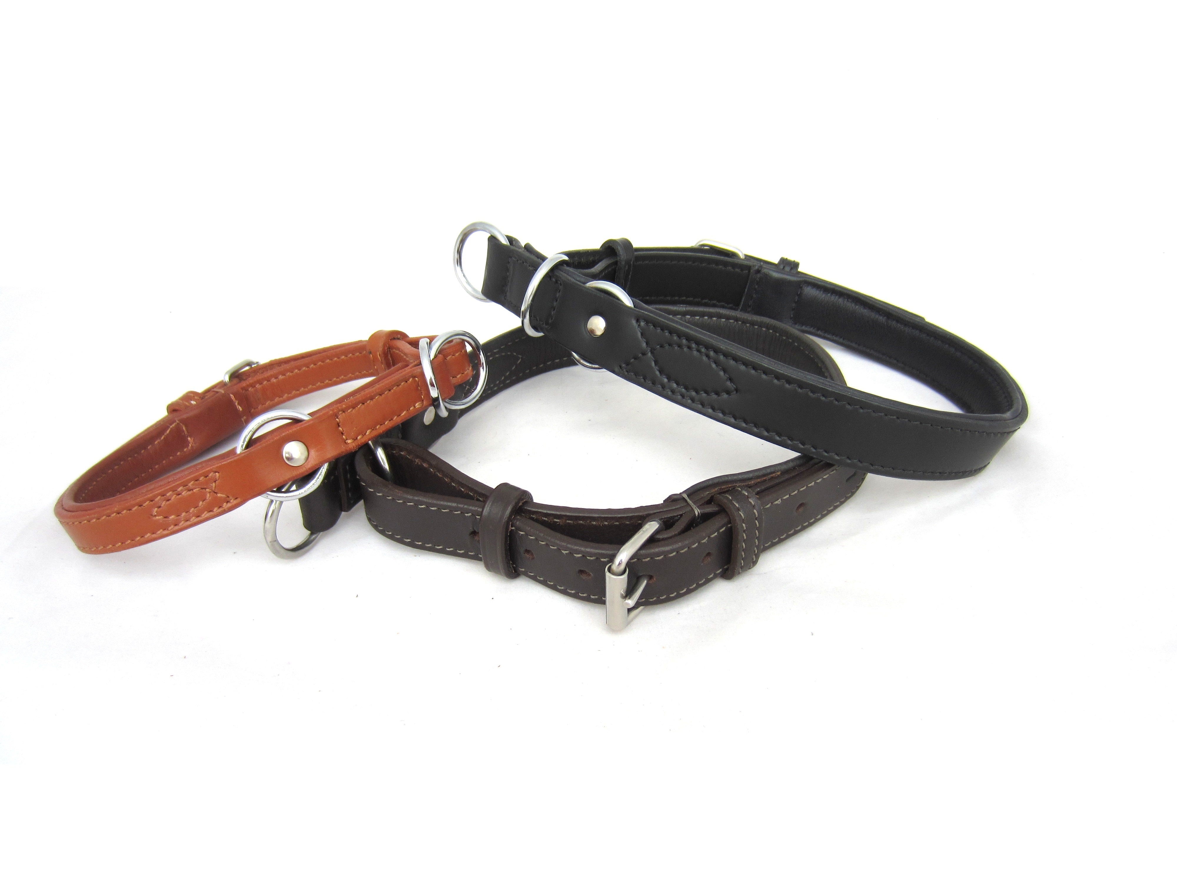 Flat leather dog collar with pull stop - padded nappa leather