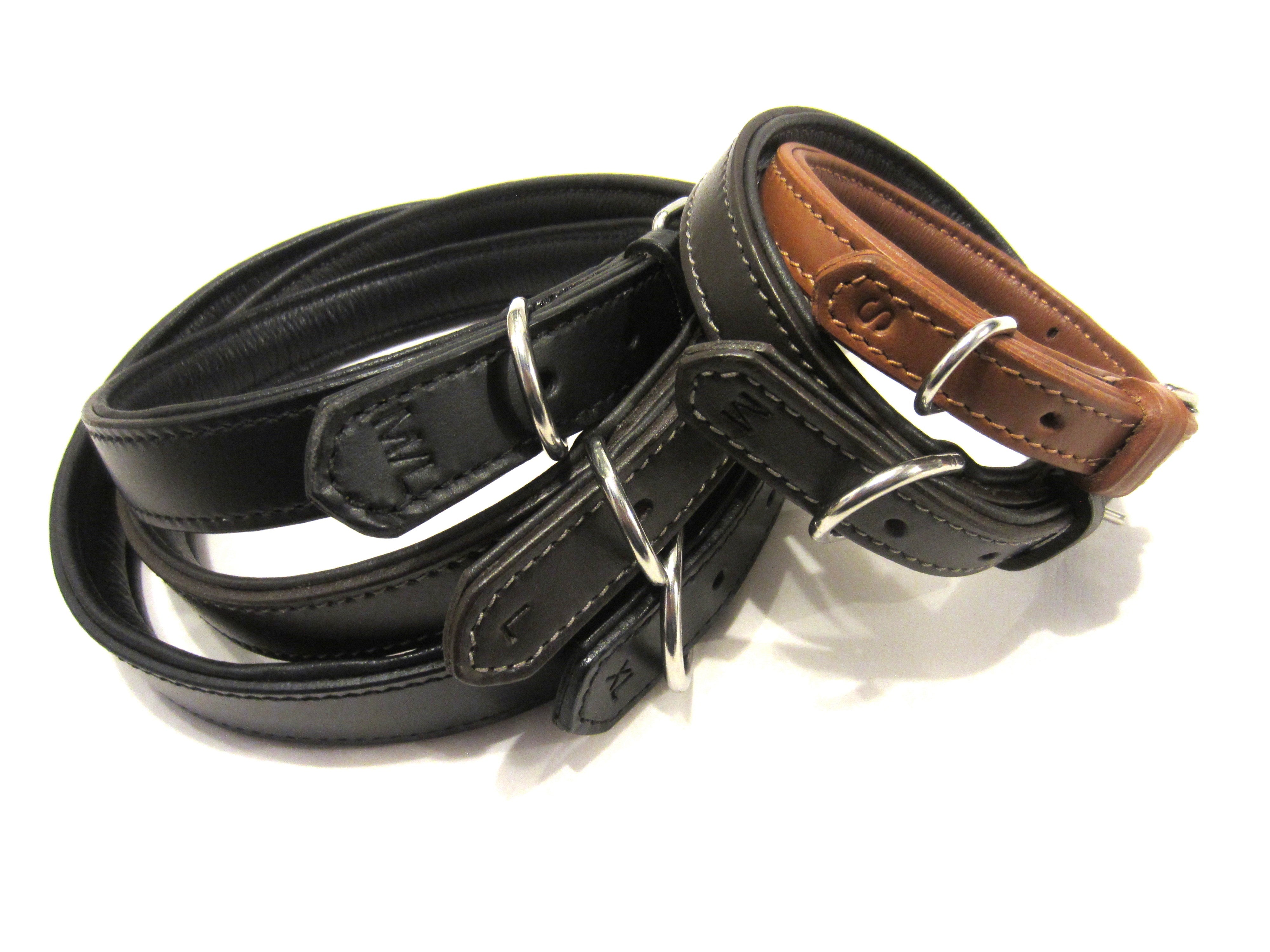 Leather dog collar flat padded with nappa leather