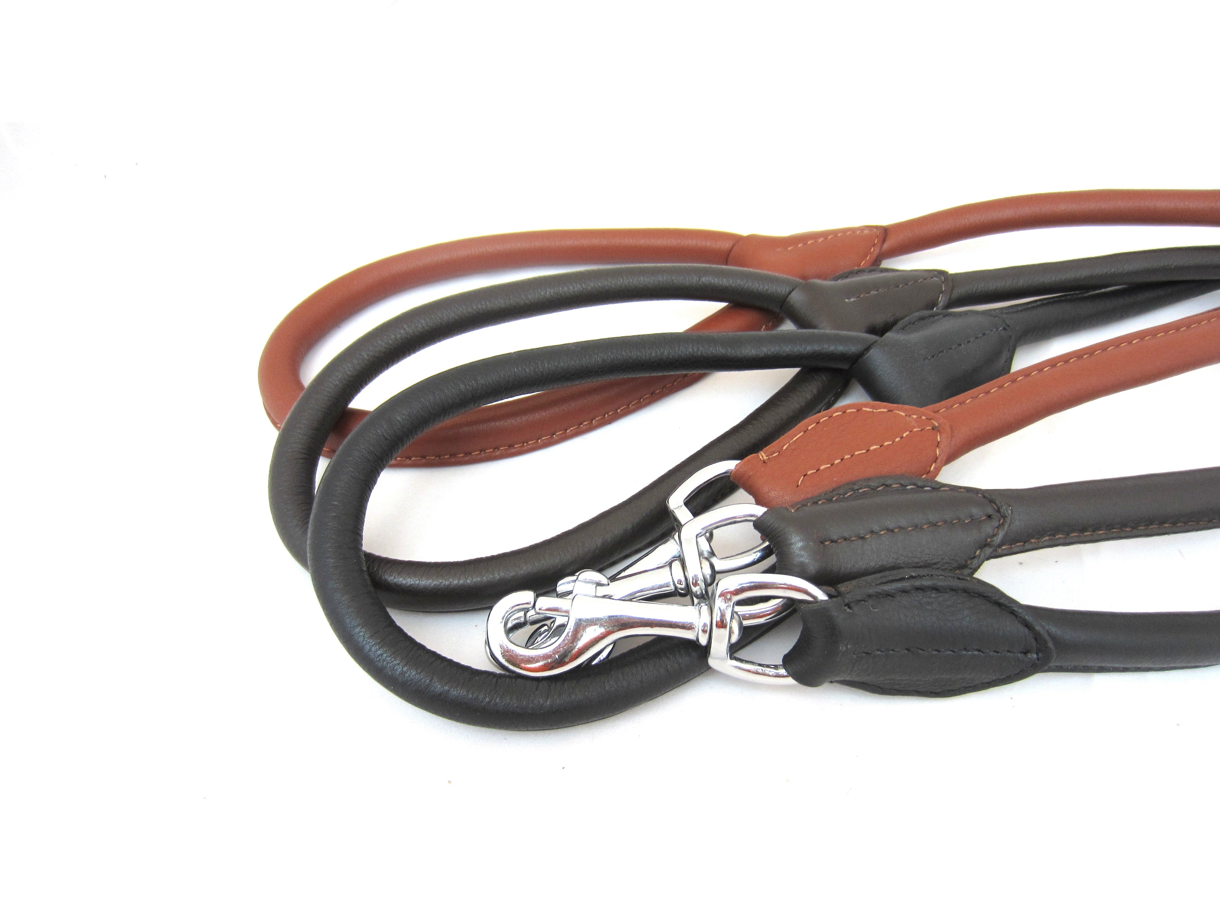 Short leather dog leash "Short Round" 110 cm round sewn from soft nappa leather