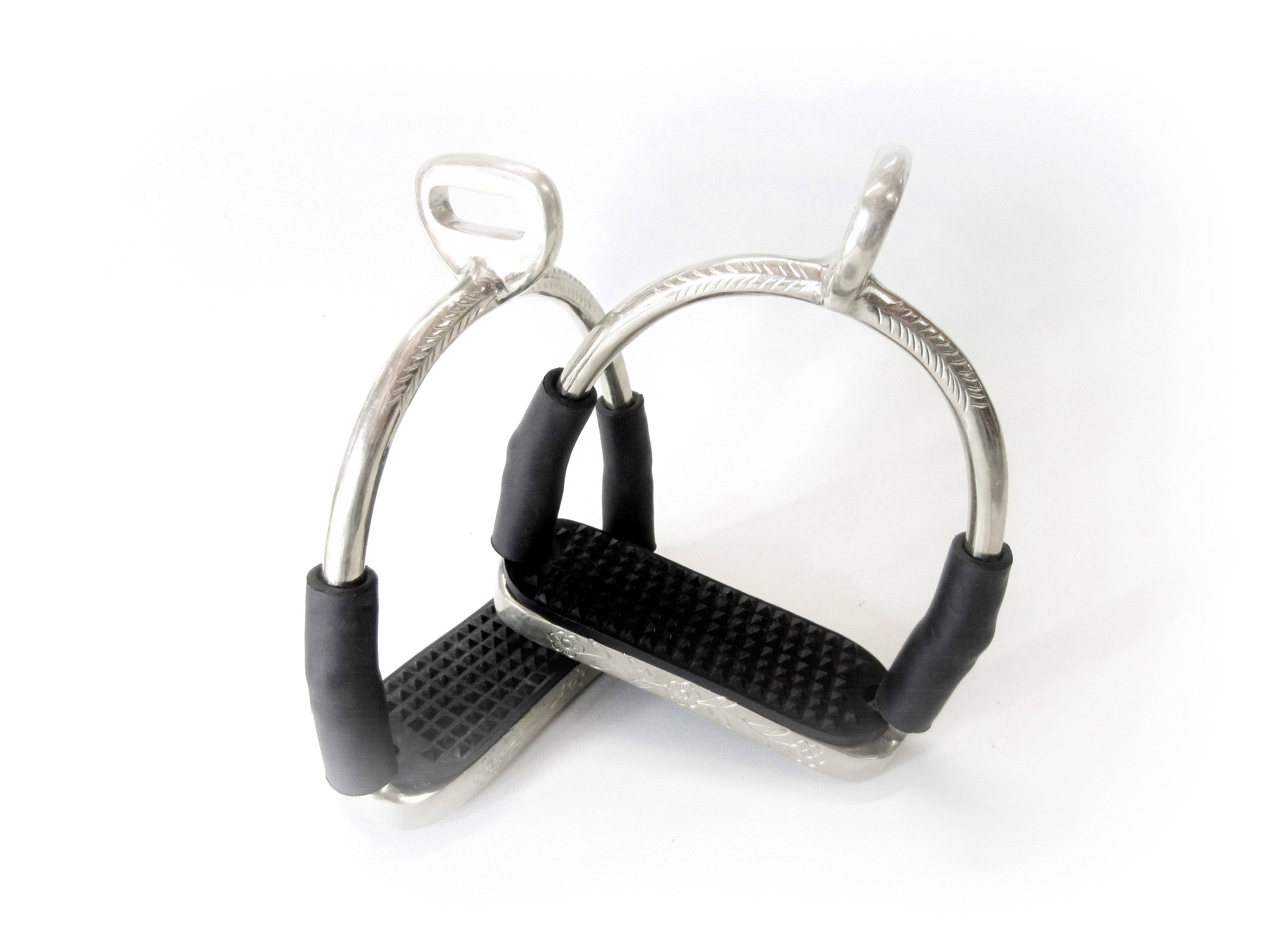 Elegant safety stirrups with joints, rotated 90°, in SILVER color, decorated, 1 pair